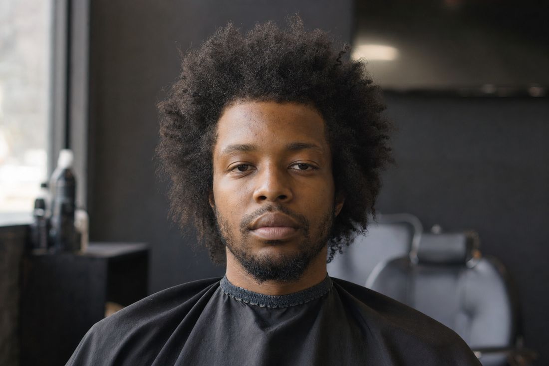 Client before his haircut, hair grown out with no lineup
