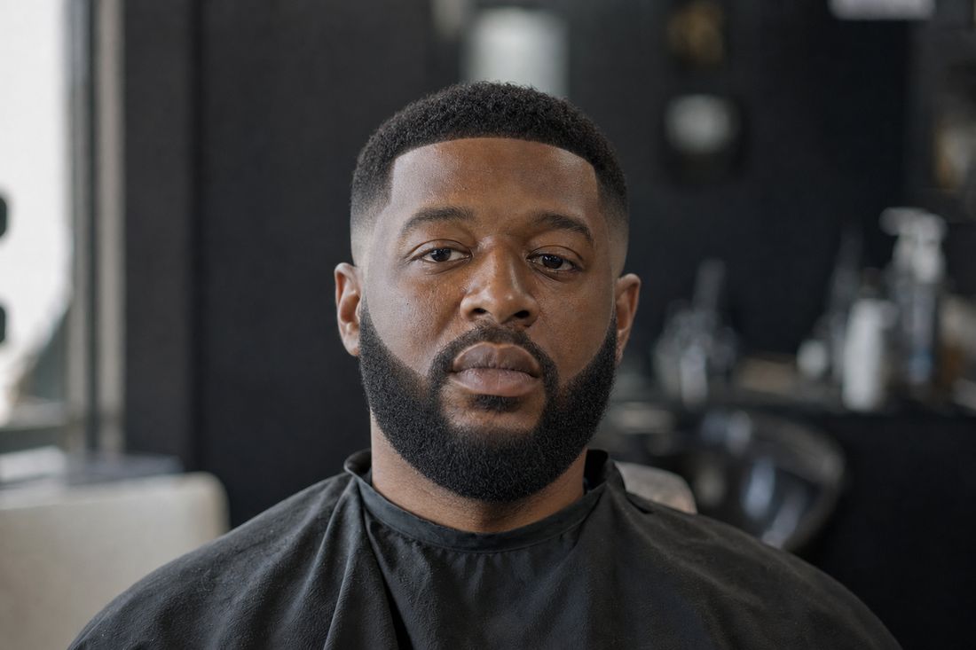 The same client after a bald fade with a fully sculpted beard